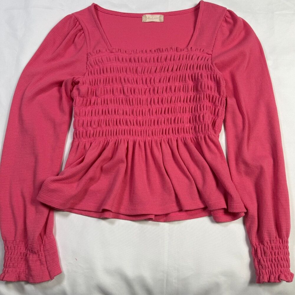 Altar'd State Pink Square Neck Ruffle Top Small Barbie Puff Sleeve Peplum